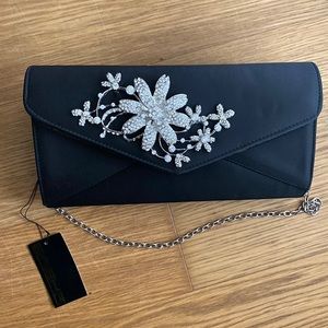 New Sasha Black Satin Rhinestone Flower Stones Chain Evening Bag Purse Clutch